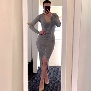 Grey Ribbed Knit Button-down Midi Dress